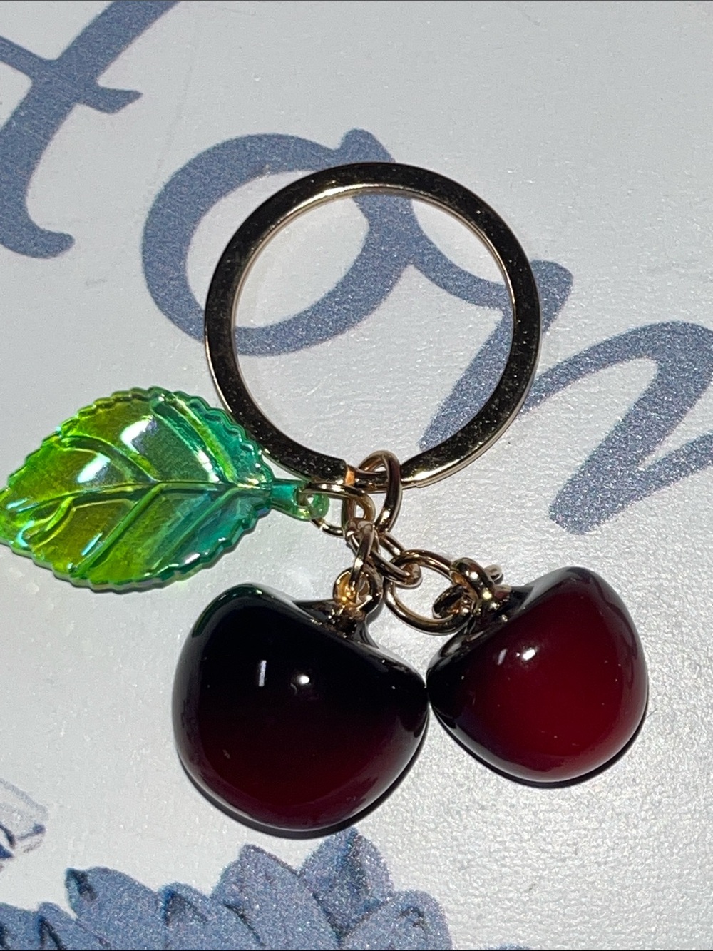 Cherry Leaf Keychain - Green Leaf and Red Cherry Accent